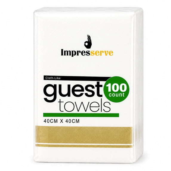 Impresserve Disposable Cloth-Like Paper Guest Towels, White with Gold Band, Soft Absorbent Hand Towels for Bathroom and Events, 100 Sheets