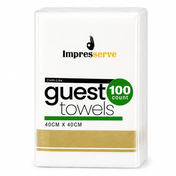 Impresserve Disposable Cloth-Like Paper Guest Towels, White with Gold Band, Soft Absorbent Hand Towels for Bathroom and Events, 100 Sheets