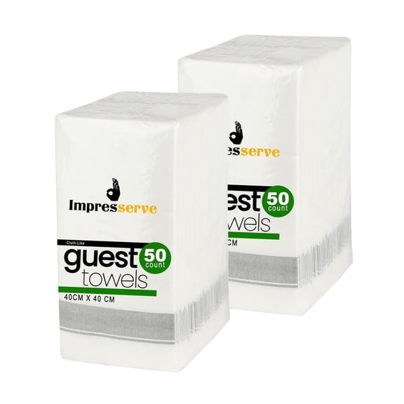 Impresserve Disposable Cloth-Like Paper Guest Towels, White with Silver Band, Soft Absorbent Hand Towels for Bathroom and Events, 100 Sheets