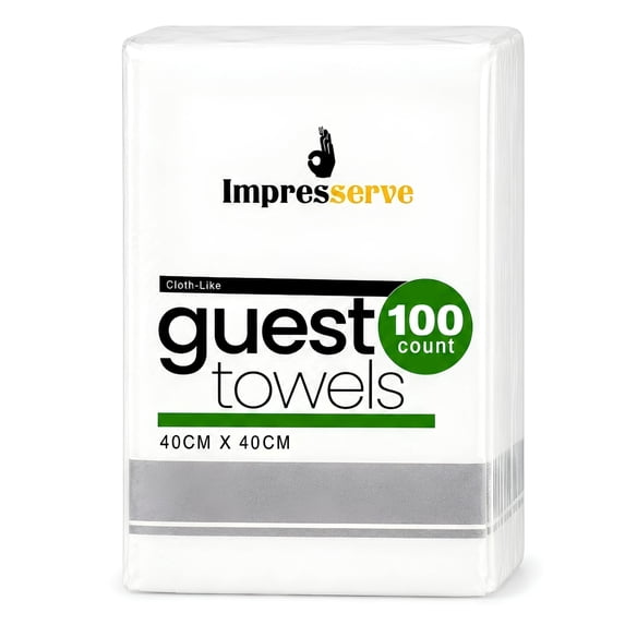 Impresserve Disposable Cloth-Like Paper Guest Towels, White with Silver Band, Soft Absorbent Hand Towels for Bathroom and Events, 100 Sheets
