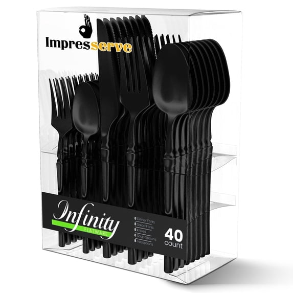 Impresserve Plastic Disposable Cutlery Set w/ Forks, Knives & Spoons, Infinity Design, Black, 40 Count