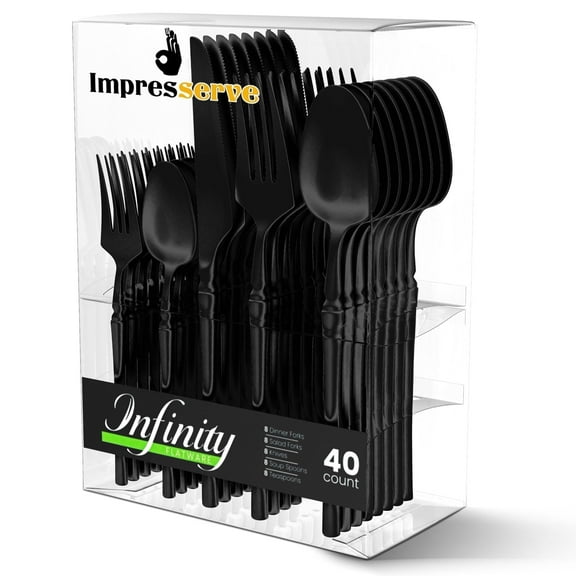 Impresserve Disposable Plastic Black Cutlery Set, 40 Count, Infinity Modern Design – 16 Forks, 8 Knives, 16 Spoons