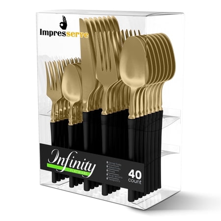 Impresserve Plastic Disposable Cutlery Set w/ Forks, Knives & Spoons, Infinity Design, Black & Gold, 40 Count