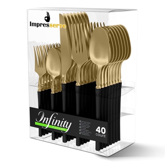 Impresserve Plastic Disposable Cutlery Set w/ Forks, Knives & Spoons, Infinity Design, Black & Gold, 40 Count
