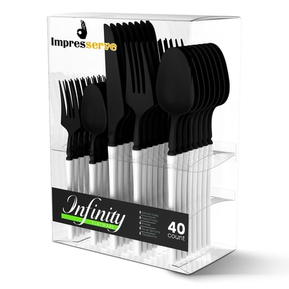 Impresserve Disposable Plastic Black White Cutlery Set, Infinity Modern Design – 40 Count