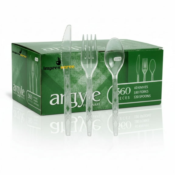 Impresserve Disposable Plastic Cutlery Set, Argyle Clear - 360 Pcs: 180 Forks, 120 Spoons, 60 Knives