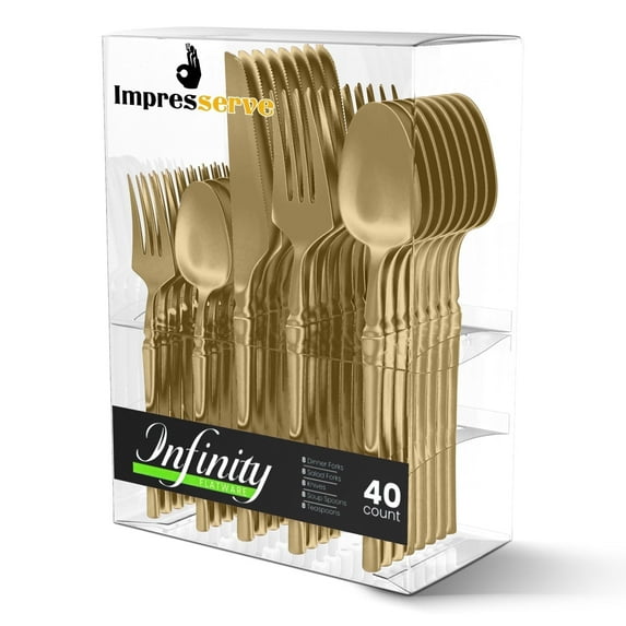 Impresserve Infinity Modern Gold Disposable Plastic Cutlery Set – 40Pcs: 16 forks, 8 knives, 16 spoons