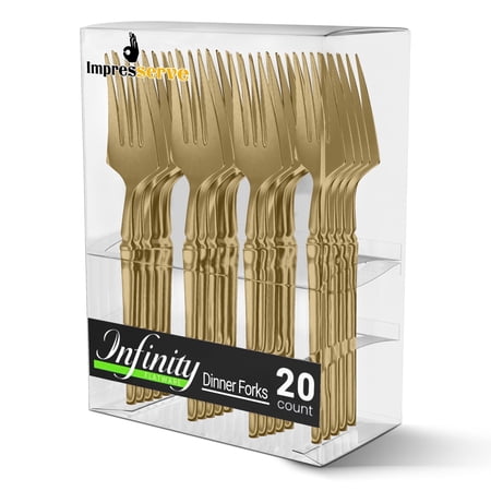 Impresserve Plastic Disposable Dinner Forks, Infinity Design, Gold, 20 Count