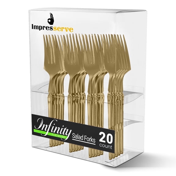 Impresserve Plastic Disposable Salad Forks, Infinity Design, Gold, 20 Count