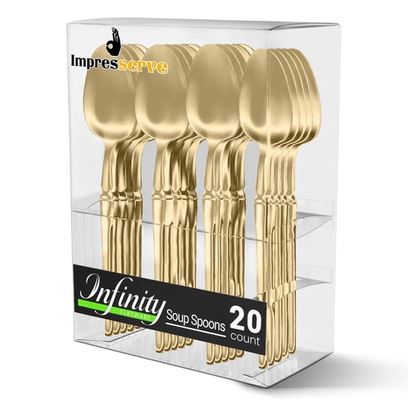 Impresserve Plastic Disposable Soup Spoons, Infinity Design, Gold, 20 Count
