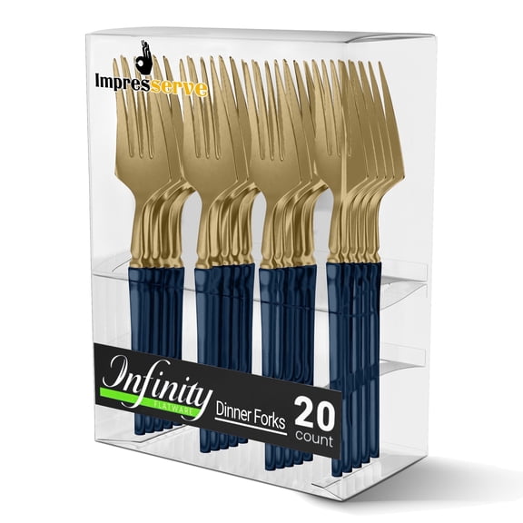 Impresserve Plastic Disposable Dinner Forks, Infinity Design, Navy & Gold, 20 Count