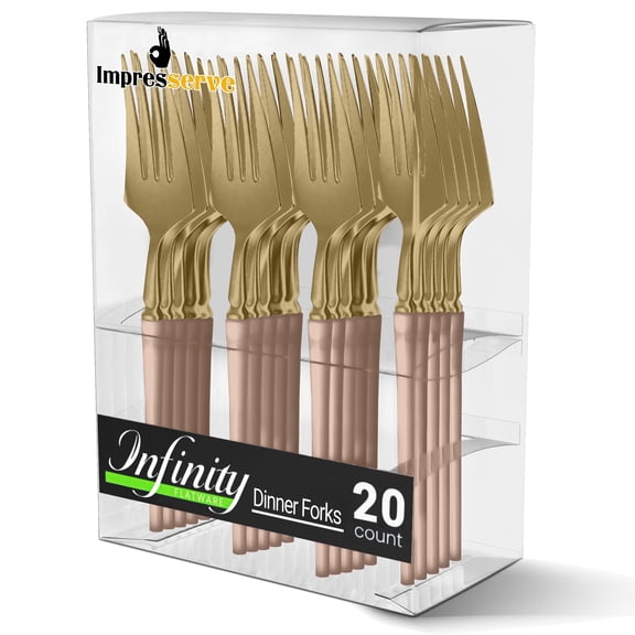 Impresserve Plastic Disposable Dinner Forks, Infinity Design, Pink & Gold, 20 Count