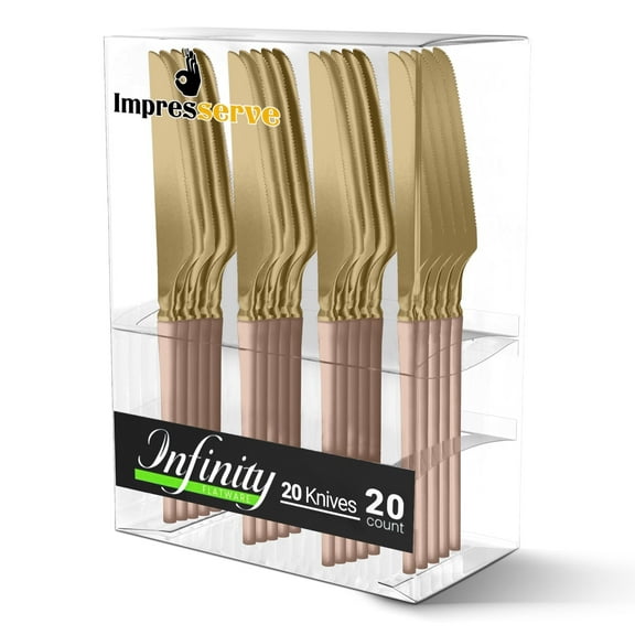 Impresserve Disposable Plastic Pink Gold Knives, Infinity Modern Design - 20 Count