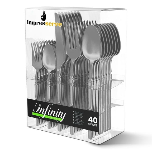 Impresserve Disposable Plastic Silver Cutlery Set, 40 Count, Infinity Modern Design – 16 Forks, 8 Knives, 16 Spoons