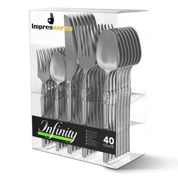 Impresserve Plastic Disposable Cutlery Set with Forks, Knives & Spoons, Infinity Design, Silver, 40 Count