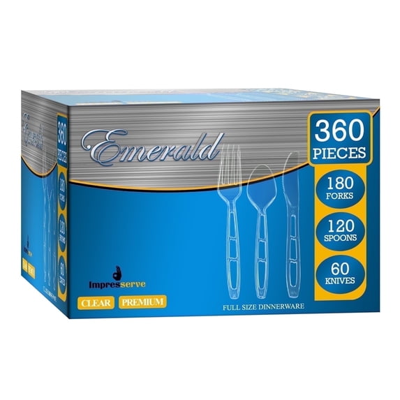 Impresserve Disposable Plastic Silverware Set, Emerald Clear, 360pcs: 180 Forks, 120 Spoons, 60 Knives