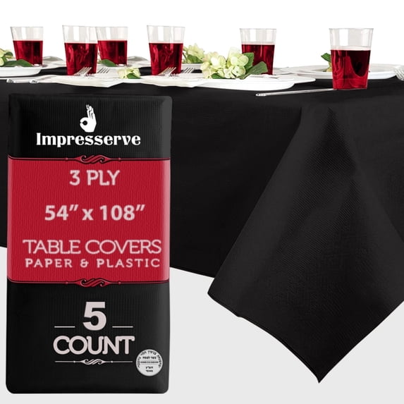 Impresserve 54" x 108" Black Paper and Plastic Disposable Rectangular Tablecloth, 5 Count