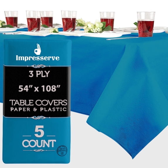 Impresserve 54" x 108" Blue Paper and Plastic Disposable Rectangular Tablecloth, 5 Count