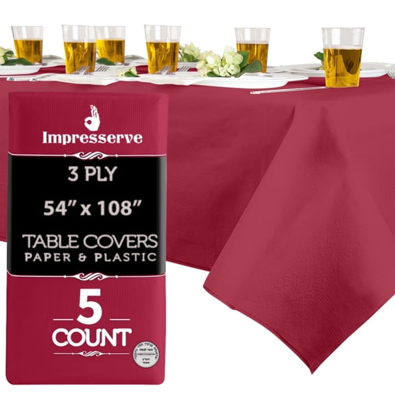 Impresserve 54" x 108" Burgundy Paper and Plastic Disposable Rectangular Tablecloth, 5 Count