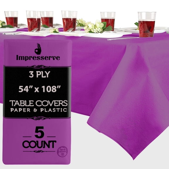 Impresserve 54" x 108" Purple Paper and Plastic Disposable Rectangular Tablecloth, 5 Count