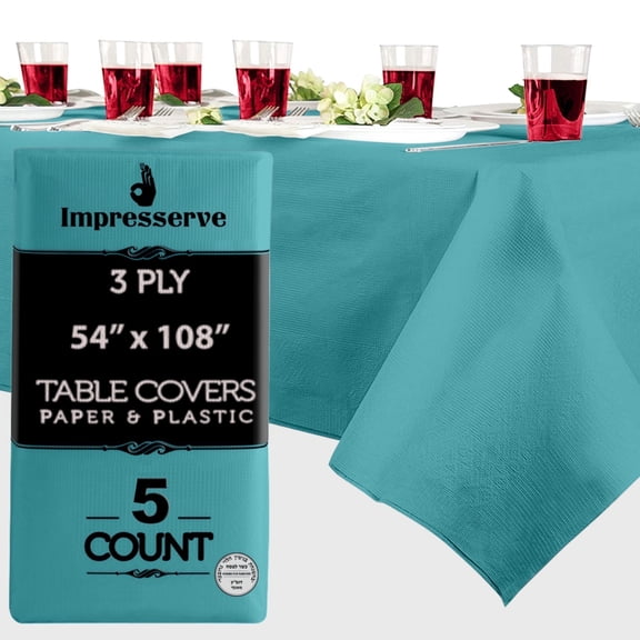 Impresserve 54" x 108" Turquoise Paper and Plastic Disposable Rectangular Tablecloth, 5 Count