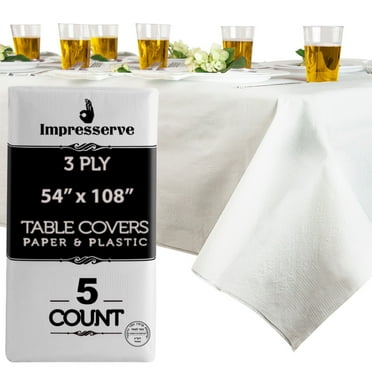 Impresserve Disposable Tablecloth, 54" x 108", White, 5-Count, 3-Ply Paper and Plastic
