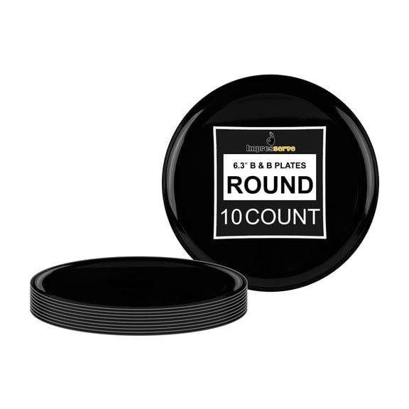 Impresserve Edge Collection 6" Disposable Plates, Black Gold Rim (10 Pack) Heavy-Duty Plastic Dinnerware for Salads, Weddings, Parties, and Catering