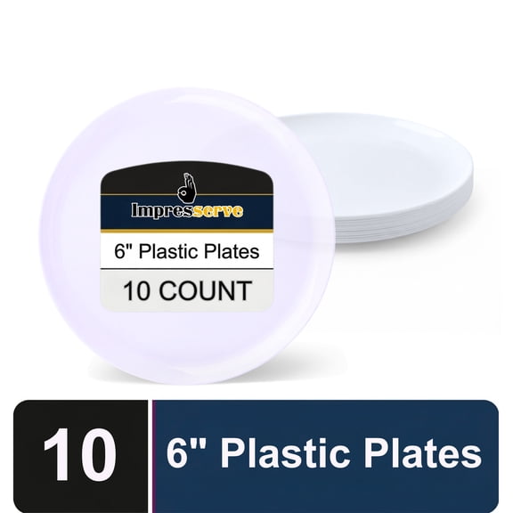 Impresserve Edge Collection Disposable Plastic Plates, 6", White, 10 Count