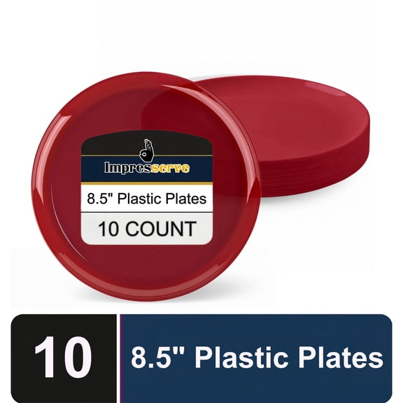 Impresserve Edge Collection 8.5" Disposable Plates, Cranberry Red (10 Pack) Heavy-Duty Plastic Dinnerware for Appetizers, Weddings, Parties, and Catering