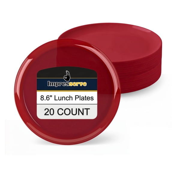 Impresserve Edge Collection 8" Disposable Plates, Cranberry Red (20 Pack) Heavy-Duty Plastic Dinnerware for Appetizers, Weddings, Parties, and Catering