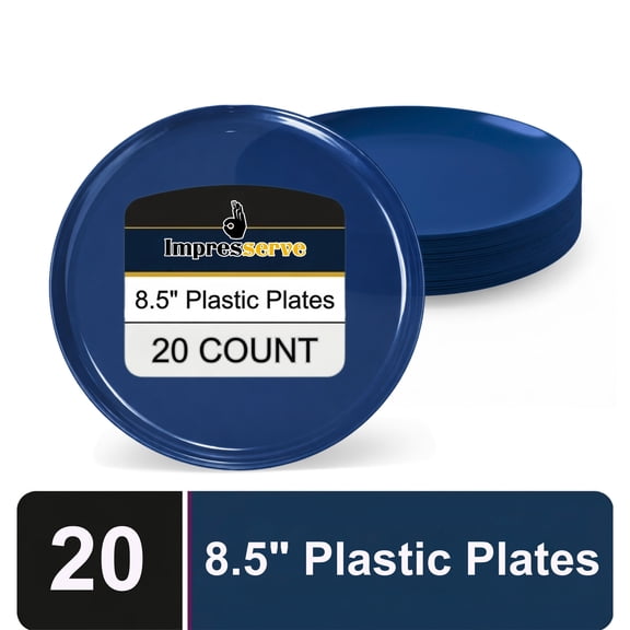 Impresserve Edge Collection 8.5" Disposable Plates, Dark Blue (20 Pack) Heavy-Duty Plastic Dinnerware for Appetizers, Weddings, Parties, and Catering