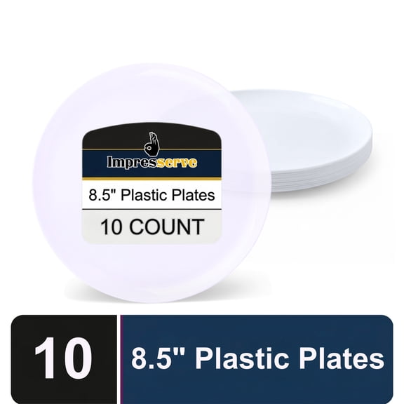 Impresserve Edge Collection 8.5" Disposable Plates, White (10 Pack) Heavy-Duty Plastic Dinnerware for Appetizers, Weddings, Parties, and Catering