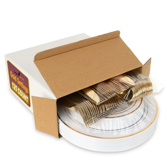 Impresserve Elegant Gold Disposable Plastic Dinnerware Set - 125 Pieces with Plates and Utensils for 25 Guests