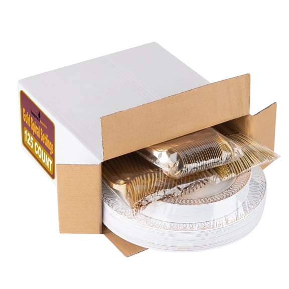 Impresserve Disposable Plastic Dinnerware Set for 25 Guests, Gold Spiral, 125 Pieces, Plates and Cutlery for Parties and Events