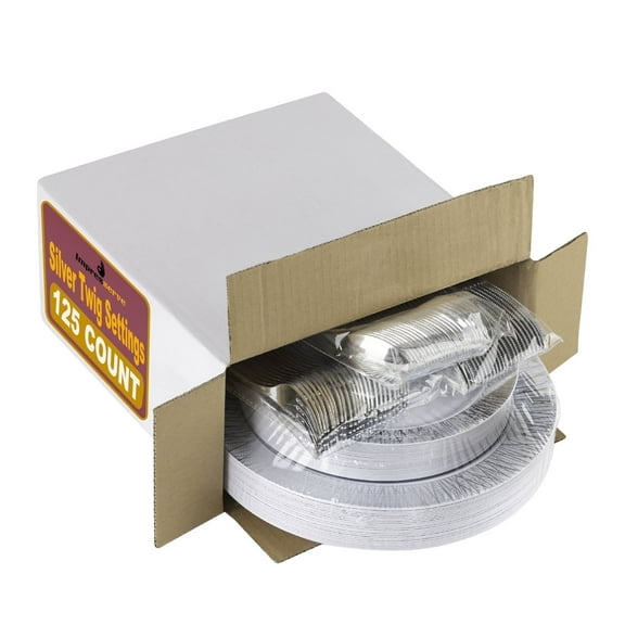 Impresserve Elegant Disposable Plastic Dinnerware Set with Silver Twig - 125 Pieces with Plates and Utensils for 25 Guests