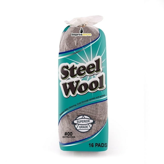 Impresserve Extra Fine Steel Wool Pads, Grade 00 Scouring Scrubbing and Finishing Pads - 16 Count