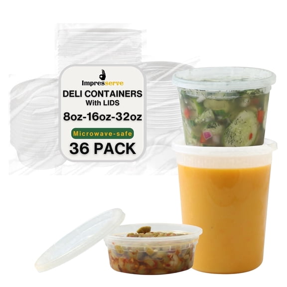 Impresserve Food Storage Containers with Lids, Plastic Deli Container Set, Leak-Resistant, Microwave and Freezer Safe, Clear, 3 Sizes (8 oz, 16 oz, 32 oz), 12 Count Each, 36 Count