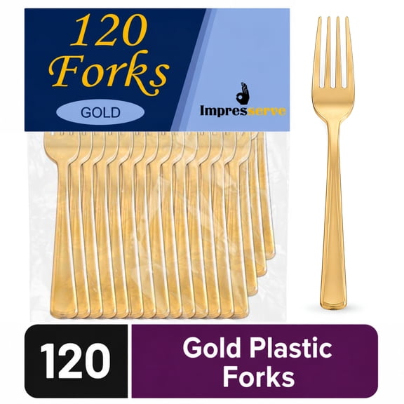 Impresserve Dynasty Collection Plastic Disposable Forks, Gold, 120 Count