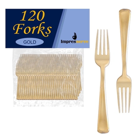 Impresserve Dynasty Collection Plastic Disposable Forks, Gold, 120 Count