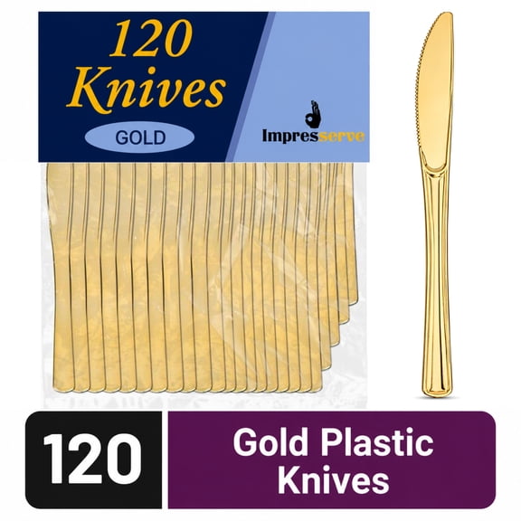 Impresserve Dynasty Collection Plastic Disposable Knives, Gold, 120 Count
