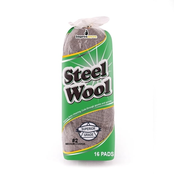 Impresserve Medium Coarse Steel Wool Pads, Grade 2 Scouring Scrubbing and Finishing Pads - 16 Count