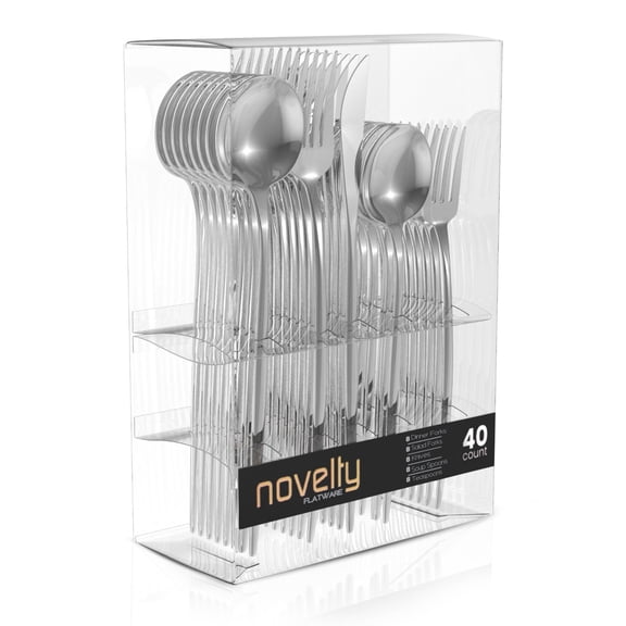 Impresserve Novelty Plastic Disposable Flatware Set, Silver, 40 Count, 8 Each of 5 Utensil Types