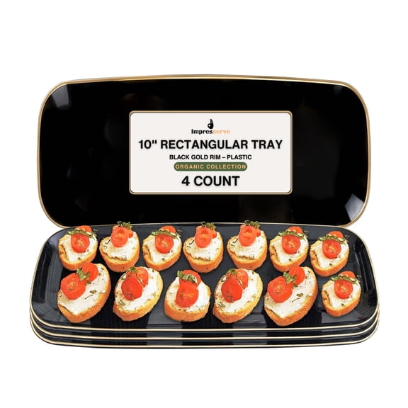 Impresserve Plastic Serving Tray, 4 Pack, Black, 10 Inch Rectangular Disposable Platter for Snacks, Appetizers, Events, Organic Collection