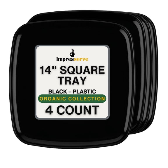 Impresserve Plastic Serving Tray, 4 Pack, Black, 14 Inch Square Disposable Platter for Snacks, Appetizers, Events, Organic Collection