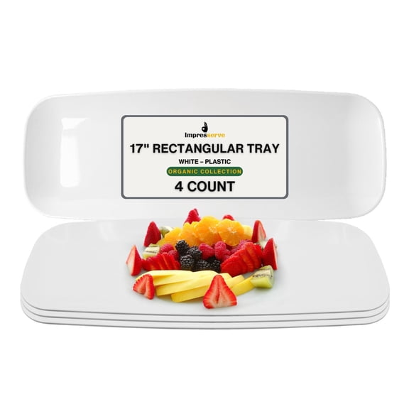 Impresserve Plastic Serving Tray, 4 Pack, White, 17 Inch Rectangular Disposable Platter for Snacks, Appetizers, Events, Organic Collection