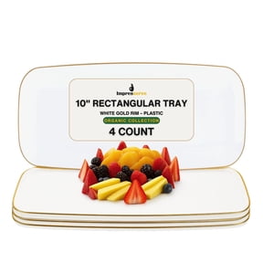 Impresserve Plastic Serving Tray, 4 Pack, White Gold Rim, 10 Inch Rectangular Disposable Platter for Snacks, Appetizers, Events, Organic Collection