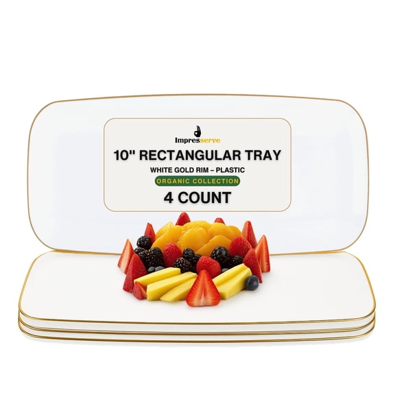 Impresserve Plastic Serving Tray, 4 Pack, White Gold Rim, 10 Inch Rectangular Disposable Platter for Snacks, Appetizers, Events, Organic Collection