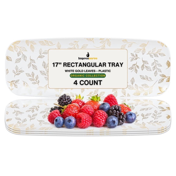 Impresserve Plastic Serving Tray, 4 Pack, White with Leaves, 17 Inch Rectangular Disposable Platter for Snacks, Appetizers, Events, Organic Collection