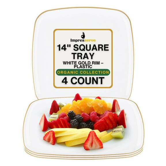 Impresserve Plastic Serving Tray, 4 Pack, White with Gold Rim, 14 Inch Square Disposable Platter for Snacks, Appetizers, Events, Organic Collection