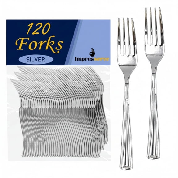 Impresserve Silver Disposable Plastic Forks, Durable Heavyweight Cutlery for Parties and Events, 120 Count